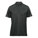 A dark grey short-sleeved polo shirt with a collar and three buttons, featuring a logo.