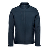 A navy blue softshell jacket featuring a high collar and zipped pockets, with a logo on the chest.