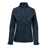 A women's softshell jacket in navy blue with a high collar and zippered pockets. Features a discreet logo.