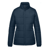 A women's puffer jacket in navy blue, featuring a zip-up front and high collar. It has a logo on it.