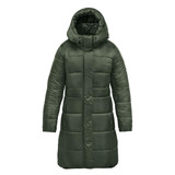 A women's puffer jacket in olive green with a hood, featuring a quilted design and a knee-length cut.