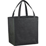 A black non-woven shopper tote bag with two sturdy handles and a spacious interior. It features branding.