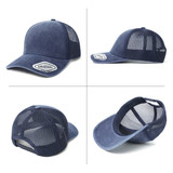 A navy blue seamless front washed mesh cap featuring a curved brim and a mesh back, with a logo present.