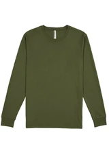 A long-sleeve tee in olive green, featuring a simple design and a brand label at the neck.