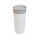 A stainless steel coffee cup in white with a gray lid, featuring a smooth, sleek design and a logo.