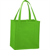 A bright green non-woven grocery tote bag with two handles and a square shape. It features a logo.