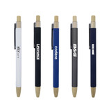 A collection of bamboo click pens in white, black, blue, dark grey, and natural finishes, each with a clip and branding.