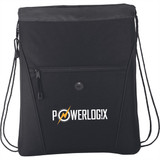 A black drawstring bag featuring a zippered pocket and a logo, with adjustable straps for carrying.