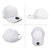 A white cap made of polyester and mesh, featuring a circular logo on the front. Multiple angles displayed.