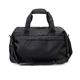 A black recycled duffle bag with dual handles and an adjustable shoulder strap. It features a logo.