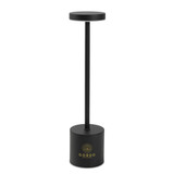 A black rechargeable table lamp with a cylindrical base and a circular top, featuring a logo on the base.
