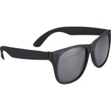 Retro promotional glasses in black with dark lenses, designed for leisure and outdoor activities. Features a logo.