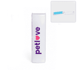 A white lint remover with a blue roller, featuring a branding logo. Ideal for pet hair removal.