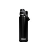 A drink bottle in matte black with a silver band and a handle, featuring a logo.