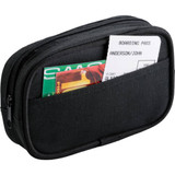 A black travel kit featuring a zippered compartment and a front pocket for cards and boarding passes.