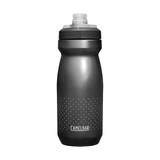 A drink bottle in grey with a dotted grip pattern and a cap, featuring a branding logo.