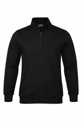 A black 1/4 zip sweater featuring long sleeves and a stand-up collar, with a small logo on the chest.