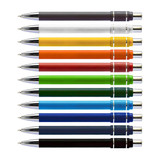 A collection of Eon Spinner Pens in various colours, featuring silver accents and a shiny finish. Each pen has a branding logo.