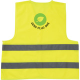 A high-visibility yellow safety vest with grey reflective stripes and a logo on the back.