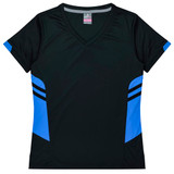 A black women's t-shirt with blue accents and a V-neck design, featuring brand logos.