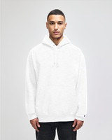 A grey pullover hooded sweatshirt with a front pocket and a logo on the sleeve.