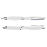 A set of white plastic pens with silver accents and clips, featuring a sleek design and a logo.
