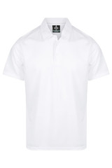 A white men's polo shirt featuring a collar and a logo. Suitable for casual or athletic wear.