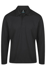 A long-sleeve black polo shirt featuring a collar and a button placket, with a logo present.