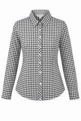 A long-sleeve button-up shirt in black and white gingham check pattern, featuring a collar and a branded logo.