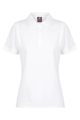 A white women's polo shirt with a collar and placket, featuring a branding logo.