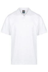 A white polo shirt featuring a collar and a placket, with a branding logo on the label.