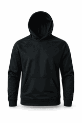 A black hooded jumper featuring a front pocket and a smooth finish. It has a logo on the design.