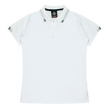A white polo shirt featuring short sleeves and a collar, with a logo on the neckline.