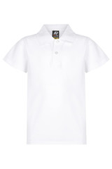 A white polo shirt for kids featuring a three-button placket and a collar. Includes a logo on the label.