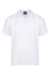 A white men's polo shirt featuring a collar and short sleeves, with a logo on the label.