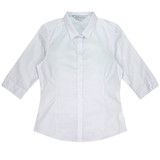 A white 3/4 sleeve button-up shirt with a classic collar and a logo on the label.