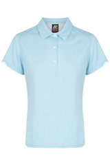 A light blue women's polo shirt with a collar and short sleeves, featuring a branded label.