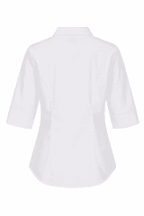 A white button-up shirt with 3/4 sleeves and a collar, featuring a subtle back design and a logo.