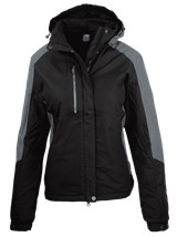 A black and grey women's jacket with a hood. Features a logo and zippered pockets.