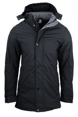 A black men's jacket with a hood and grey lining, featuring a button and zip closure. It has a logo on the fabric.