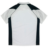A short-sleeved polo shirt in white with black accents and a logo on the side.