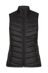 A black puffy vest with a high collar and zippered front, featuring side pockets and a fitted design.
