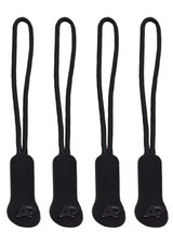 Four black zip puller accessories with loops and a small logo on each.