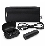 A black tech pack featuring a charging case with earbuds, a power bank, and a USB cable, all in a zippered pouch.