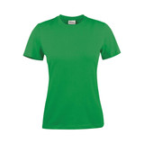 A green women's t-shirt with a classic crew neck and short sleeves, featuring a logo on the label.