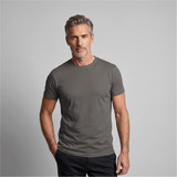 A grey men's t-shirt with a classic crew neck style, featuring a fitted silhouette. The model showcases the garment.