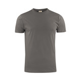 A grey men's t-shirt with a round neck and short sleeves, featuring a subtle logo on the label.