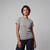 A grey women's t-shirt featuring a classic cut and crew neck, with a logo on the chest.