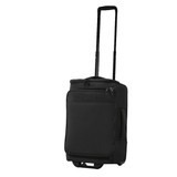 A black wheeled duffle bag with a retractable handle and zippers, featuring an exterior pocket and a logo.