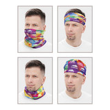 A collection of four images featuring a multi-functional headwear in vibrant colours and patterns, including purple, green, and orange.